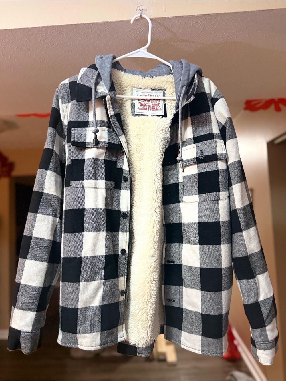 Levi's Black & White Buffalo Plaid Sherpa-Lined Hooded Pea Coat